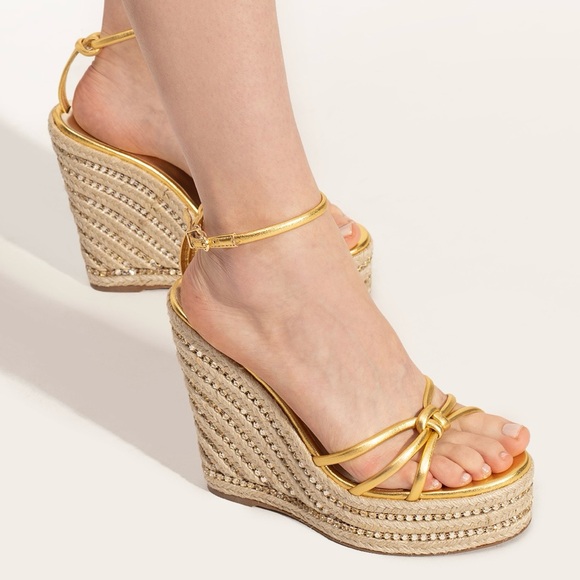 NWB Sophia Webster Alina Gold Espadrille Open Wedge Platform Heel Shoes Crystal - Picture 2 of 10